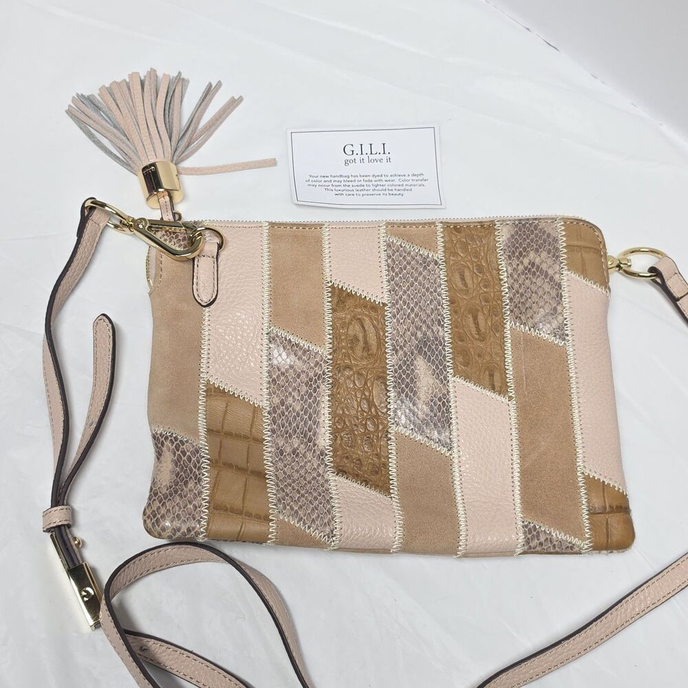 GILI Leather Patchwork Crossbody Bag Blush Pink Tan Snake And Croco Print Tassel